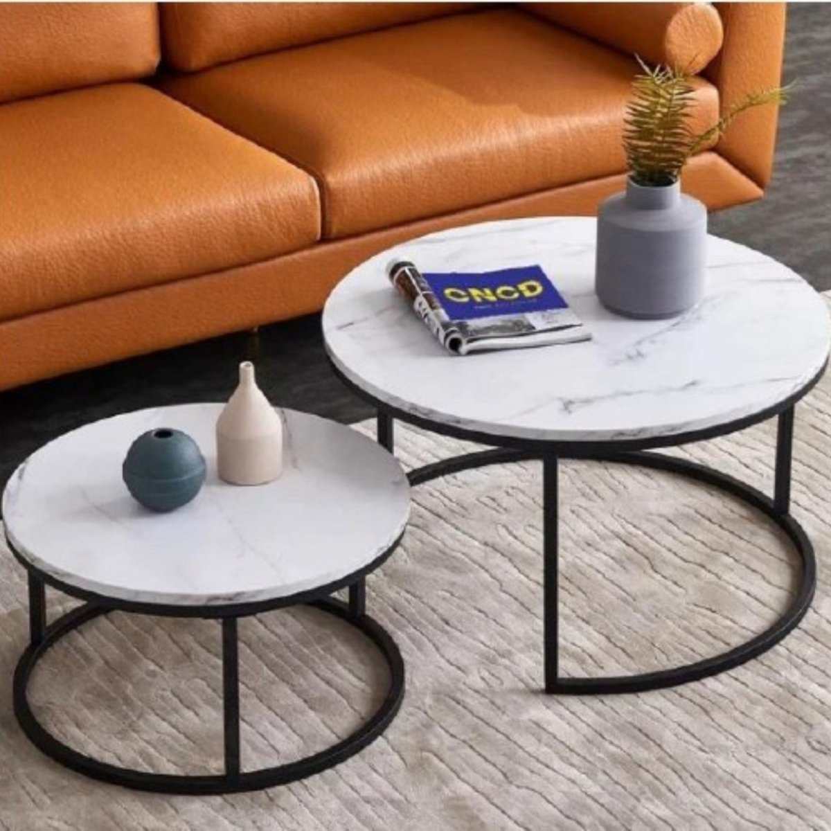 Mid - Century Modern Nesting Tables with White Marble Tops