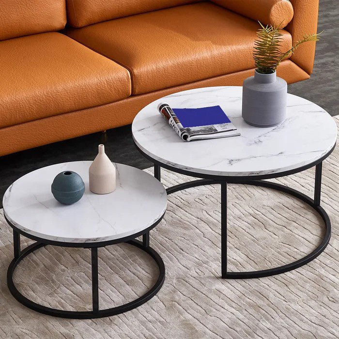 Mid - Century Modern Nesting Tables with White Marble Tops