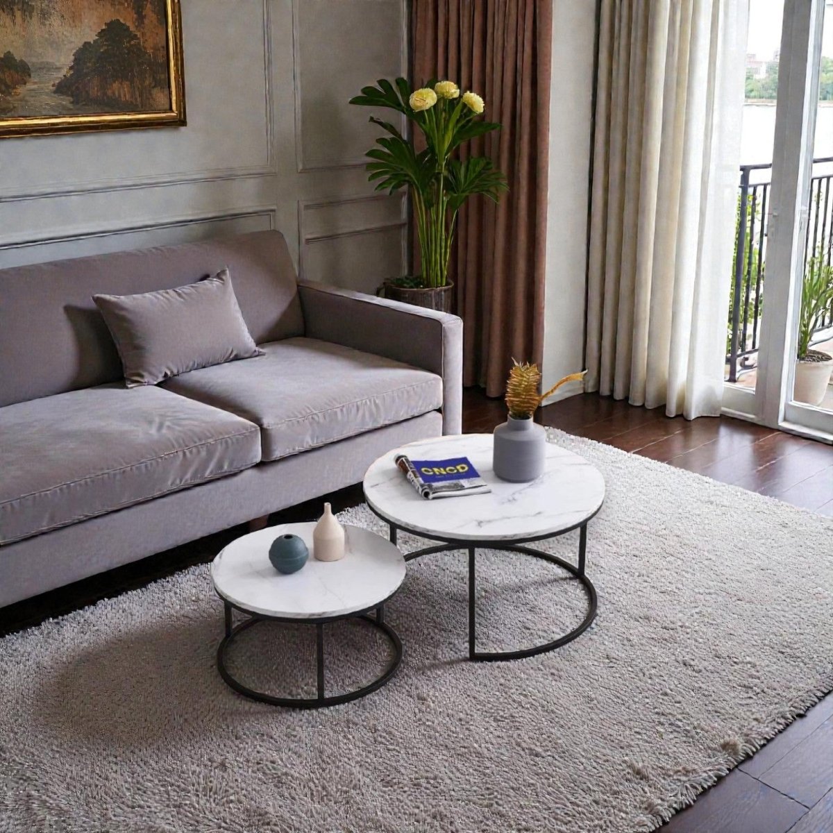 Mid - Century Modern Nesting Tables with White Marble Tops