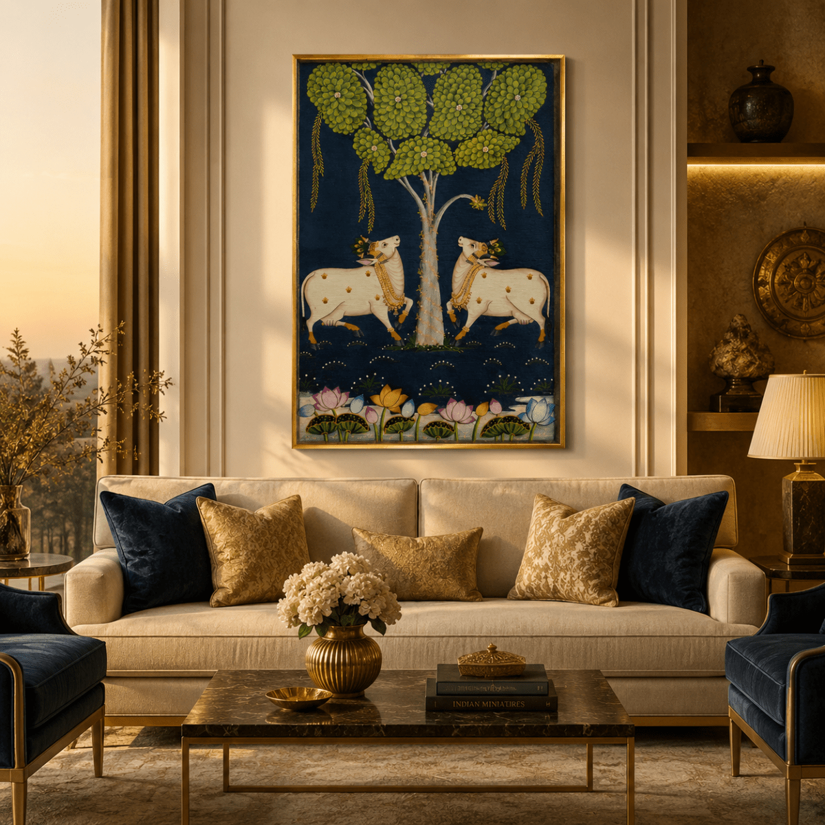 Midnight in Vrindavan: Traditional Pichwai Cows and Lotus Pond Art (24 x 36 Inches)