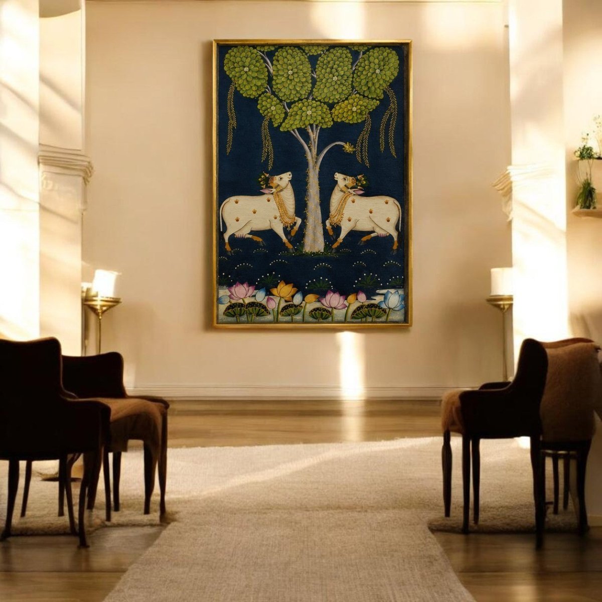 Midnight in Vrindavan: Traditional Pichwai Cows and Lotus Pond Art (24 x 36 Inches)