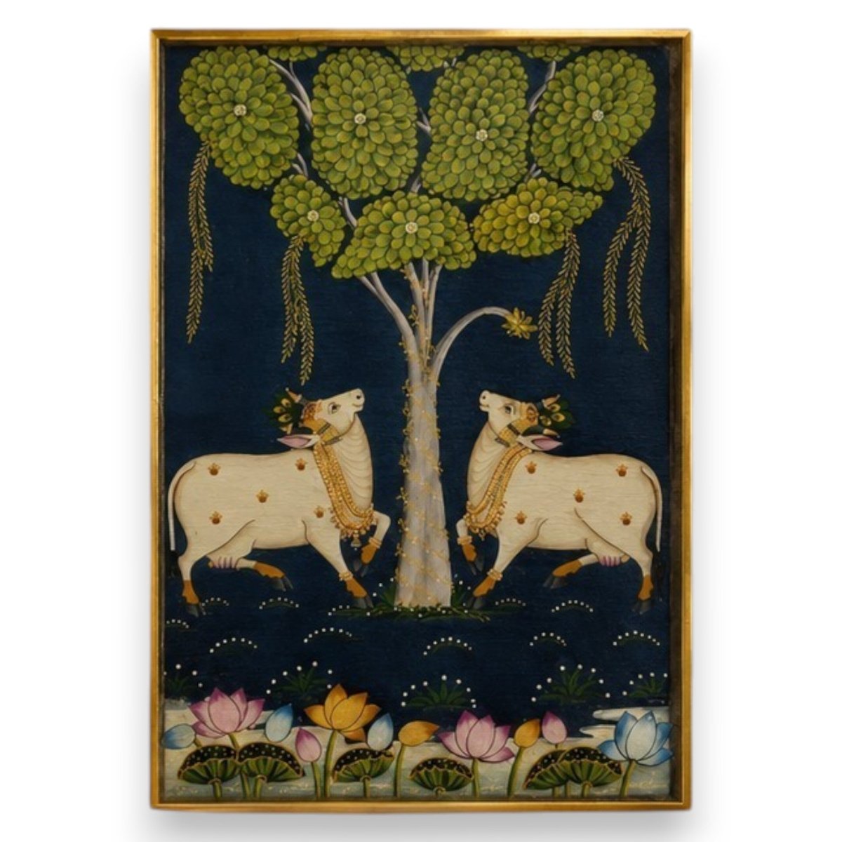 Midnight in Vrindavan: Traditional Pichwai Cows and Lotus Pond Art (24 x 36 Inches)