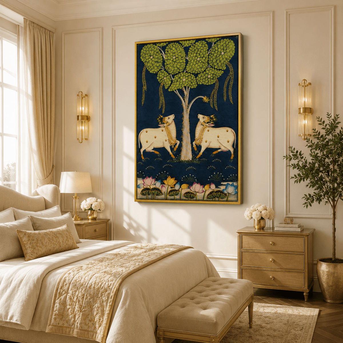 Midnight in Vrindavan: Traditional Pichwai Cows and Lotus Pond Art (24 x 36 Inches)
