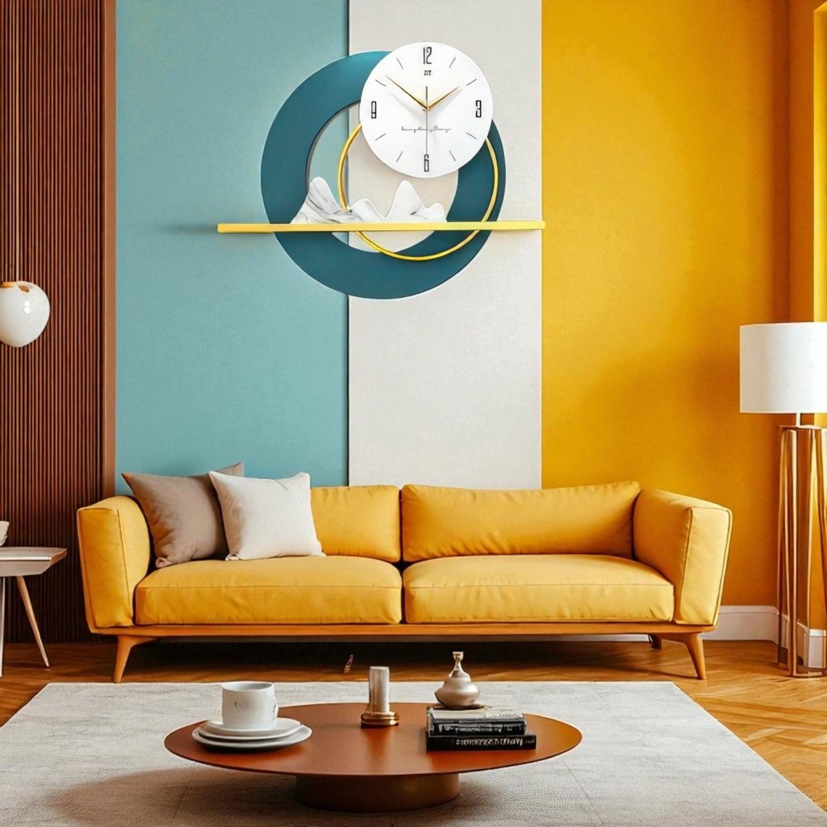 Minimalist Mountainscape Teal & Gold Timepiece (23.6 x 17.7 Inches)