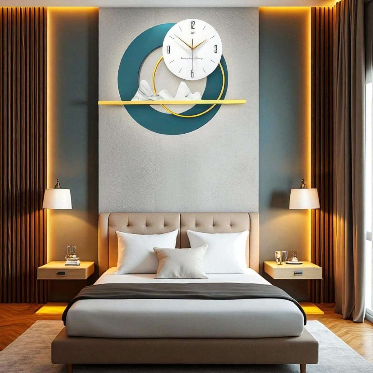 Minimalist Mountainscape Teal & Gold Timepiece (23.6 x 17.7 Inches)