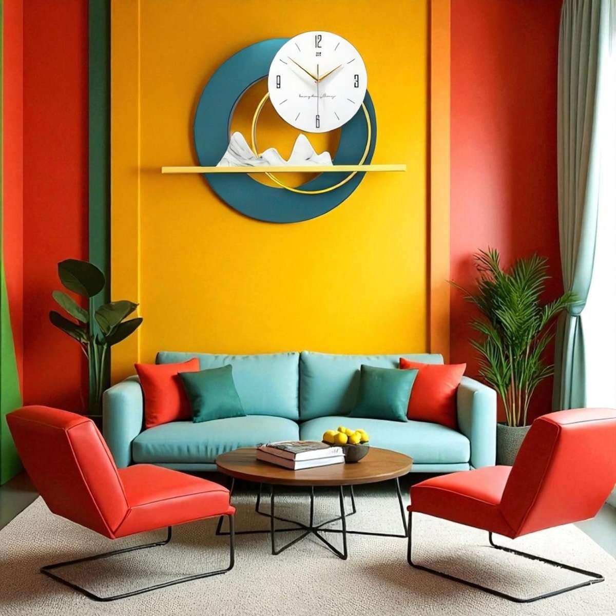 Minimalist Mountainscape Teal & Gold Timepiece (23.6 x 17.7 Inches)