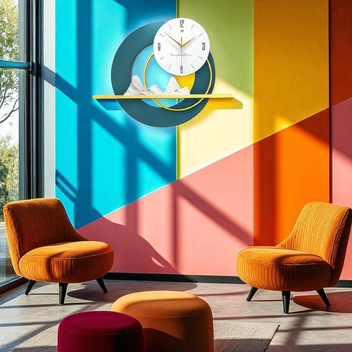 Minimalist Mountainscape Teal & Gold Timepiece (23.6 x 17.7 Inches)