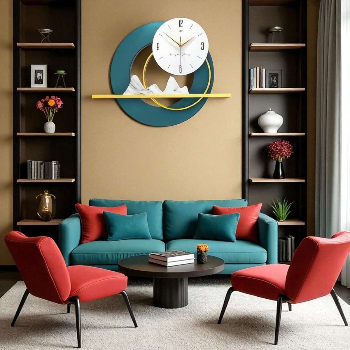 Minimalist Mountainscape Teal & Gold Timepiece (23.6 x 17.7 Inches)