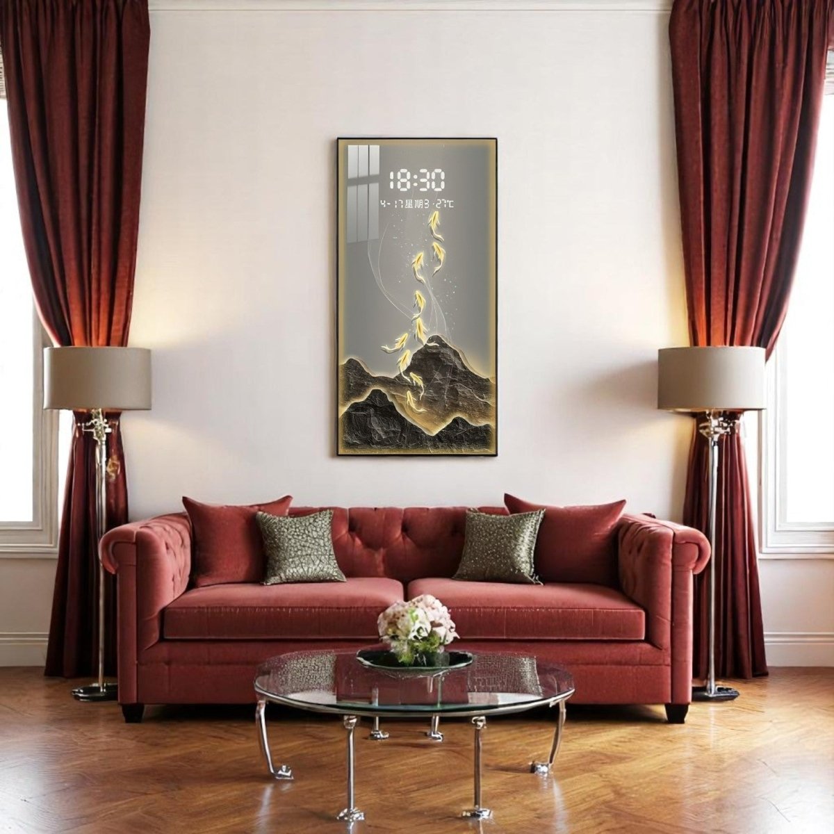 Modern Digital Display Feng Shui Fish Art Clock (60 x 90 CM)