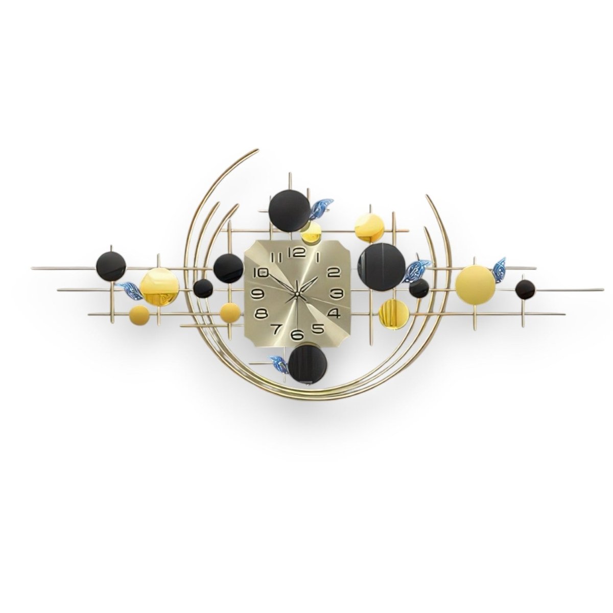 Modern Geometric Wall Clock with Black and Yellow Spheres (47.2 x 20.8 Inches)