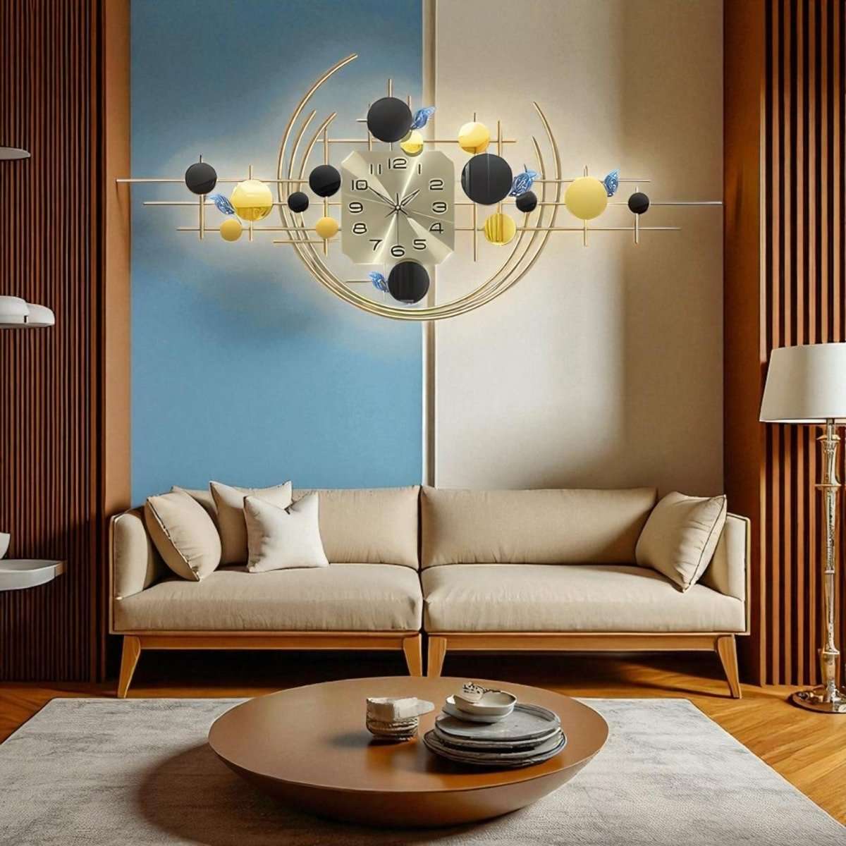 Modern Geometric Wall Clock with Black and Yellow Spheres (47.2 x 20.8 Inches)