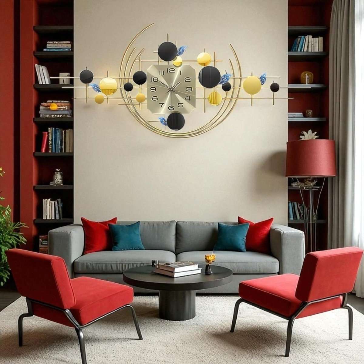 Modern Geometric Wall Clock with Black and Yellow Spheres (47.2 x 20.8 Inches)