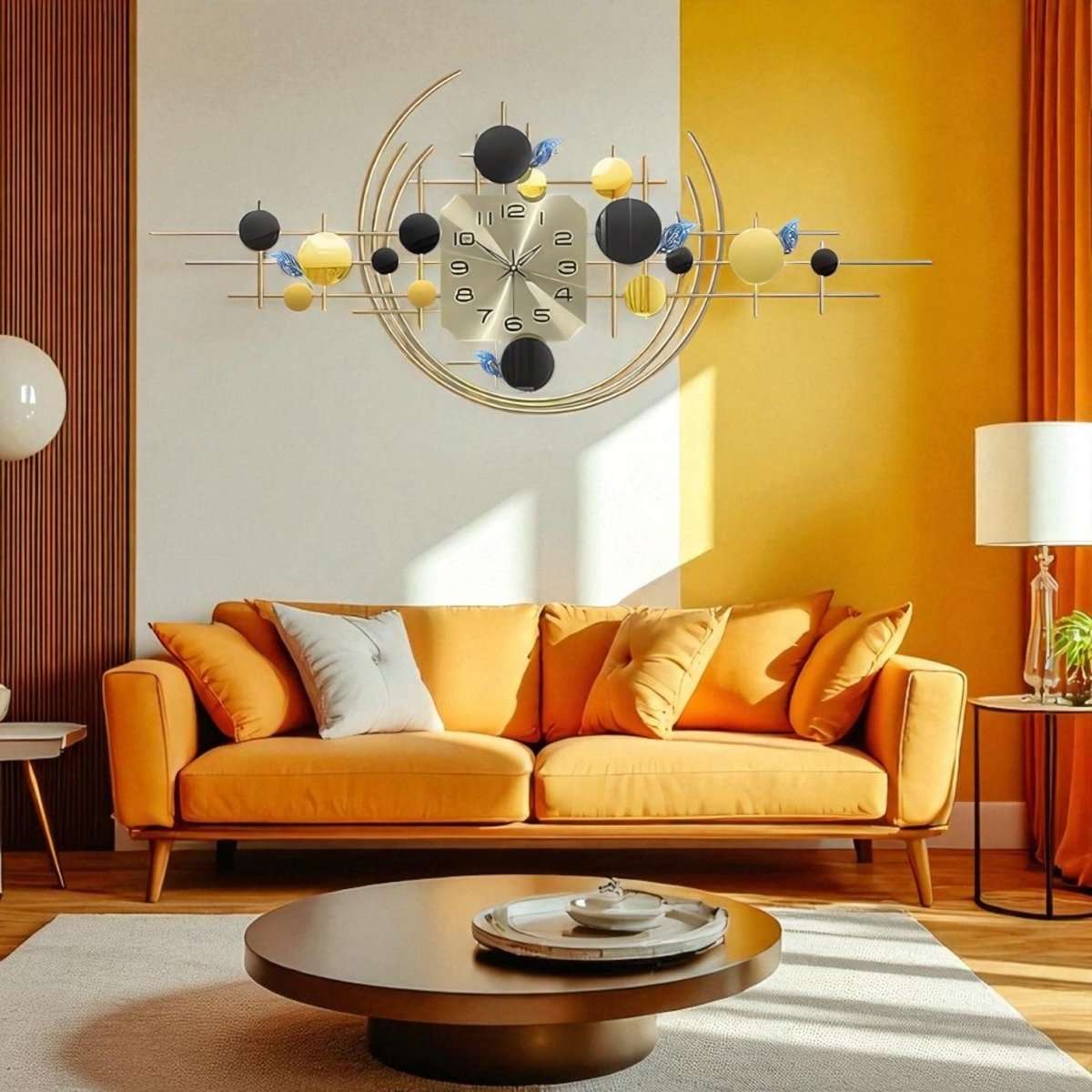Modern Geometric Wall Clock with Black and Yellow Spheres (47.2 x 20.8 Inches)