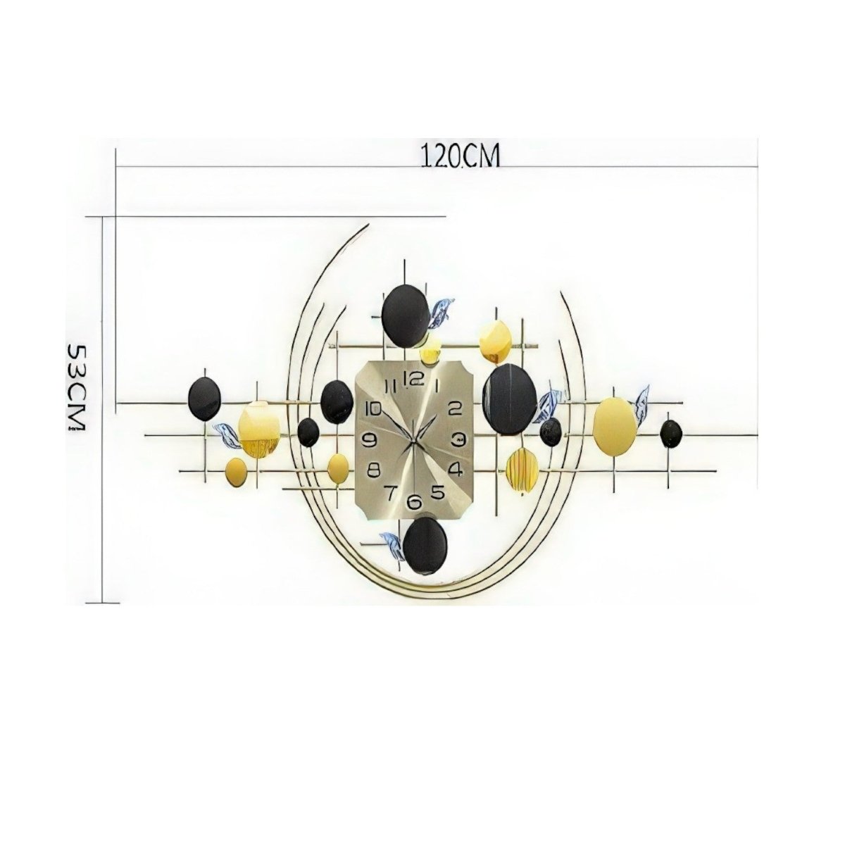 Modern Geometric Wall Clock with Black and Yellow Spheres (47.2 x 20.8 Inches)