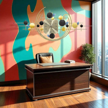 Modern Geometric Wall Clock with Black and Yellow Spheres (47.2 x 20.8 Inches)