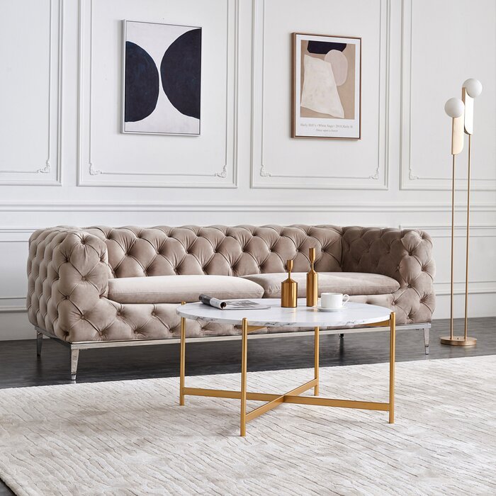 Modern Round Coffee Table with Gold Crisscross Legs