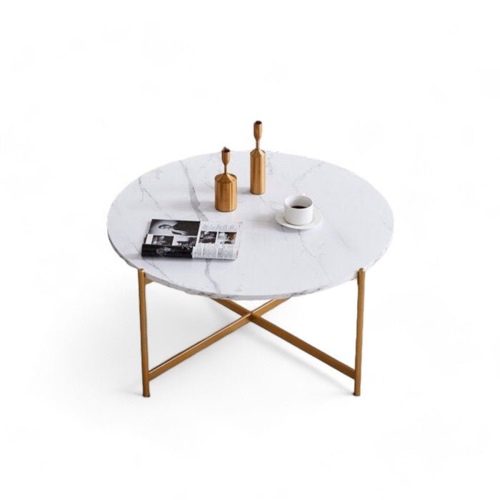 Modern Round Coffee Table with Gold Crisscross Legs