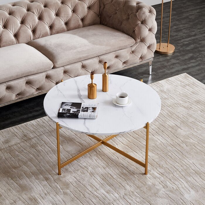 Modern Round Coffee Table with Gold Crisscross Legs