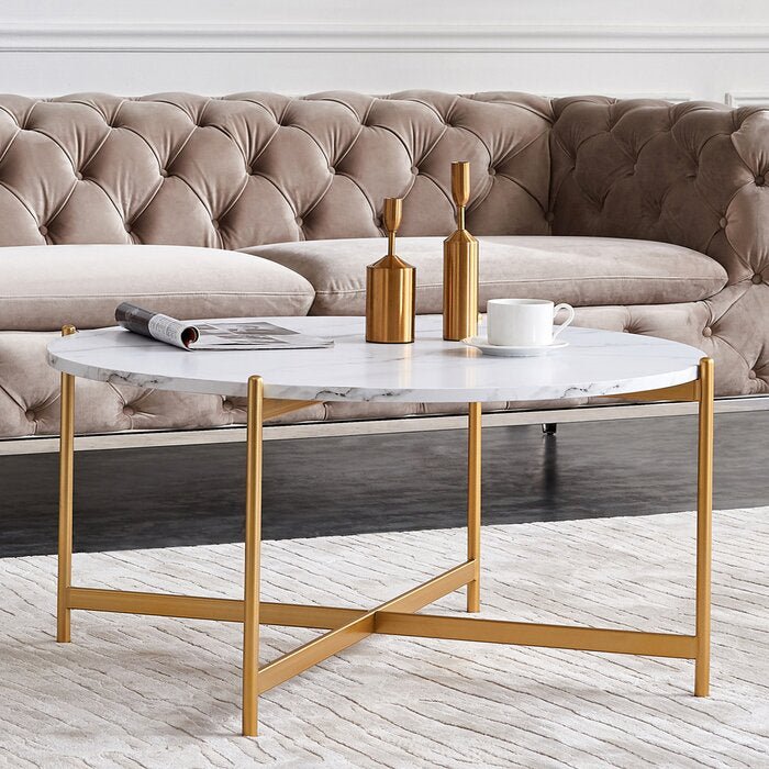 Modern Round Coffee Table with Gold Crisscross Legs