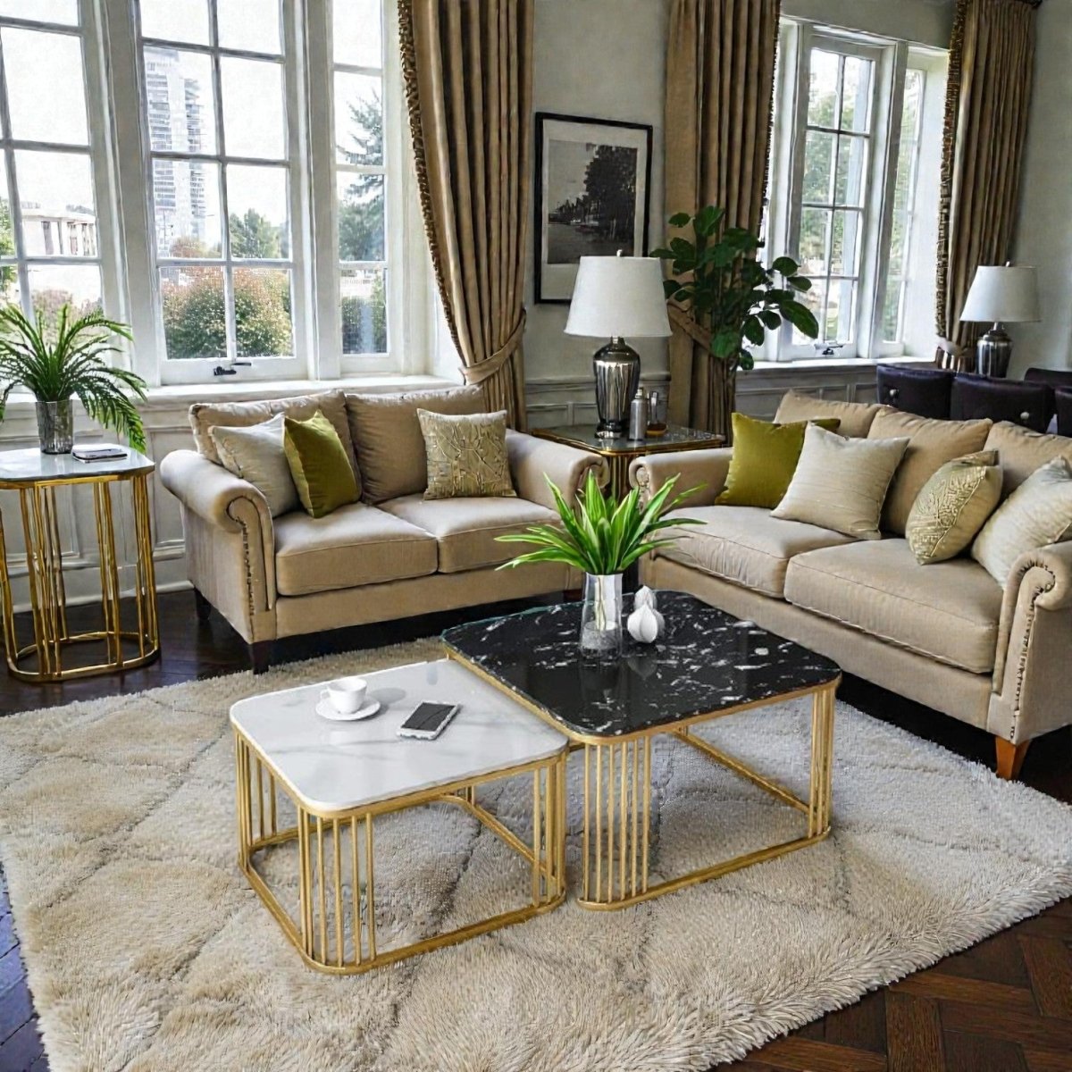 Monochrome Ribbed Gold Nesting Table Set (Set of 2)