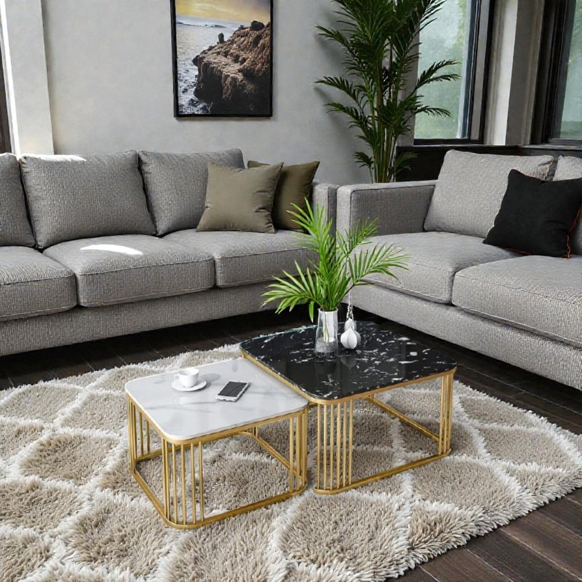 Monochrome Ribbed Gold Nesting Table Set (Set of 2)