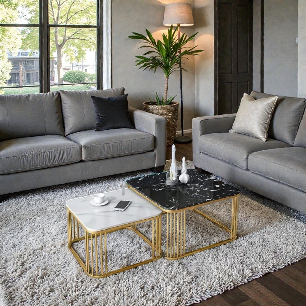 Monochrome Ribbed Gold Nesting Table Set (Set of 2)