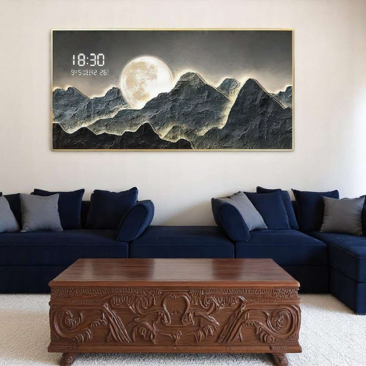 Moonlit Craggy Peaks Digital Clock Wall Art (120 x 60 CM)