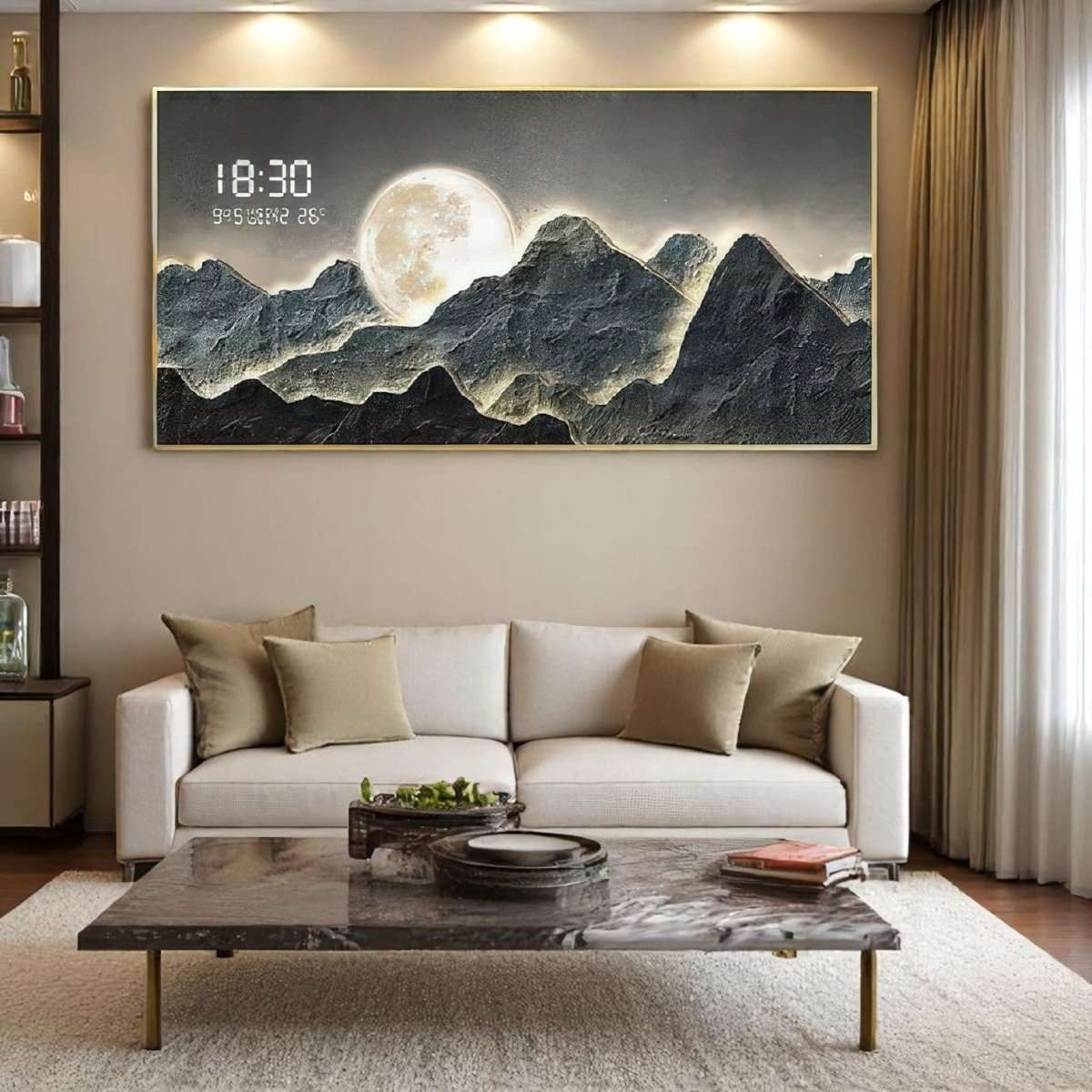 Moonlit Craggy Peaks Digital Clock Wall Art (120 x 60 CM)