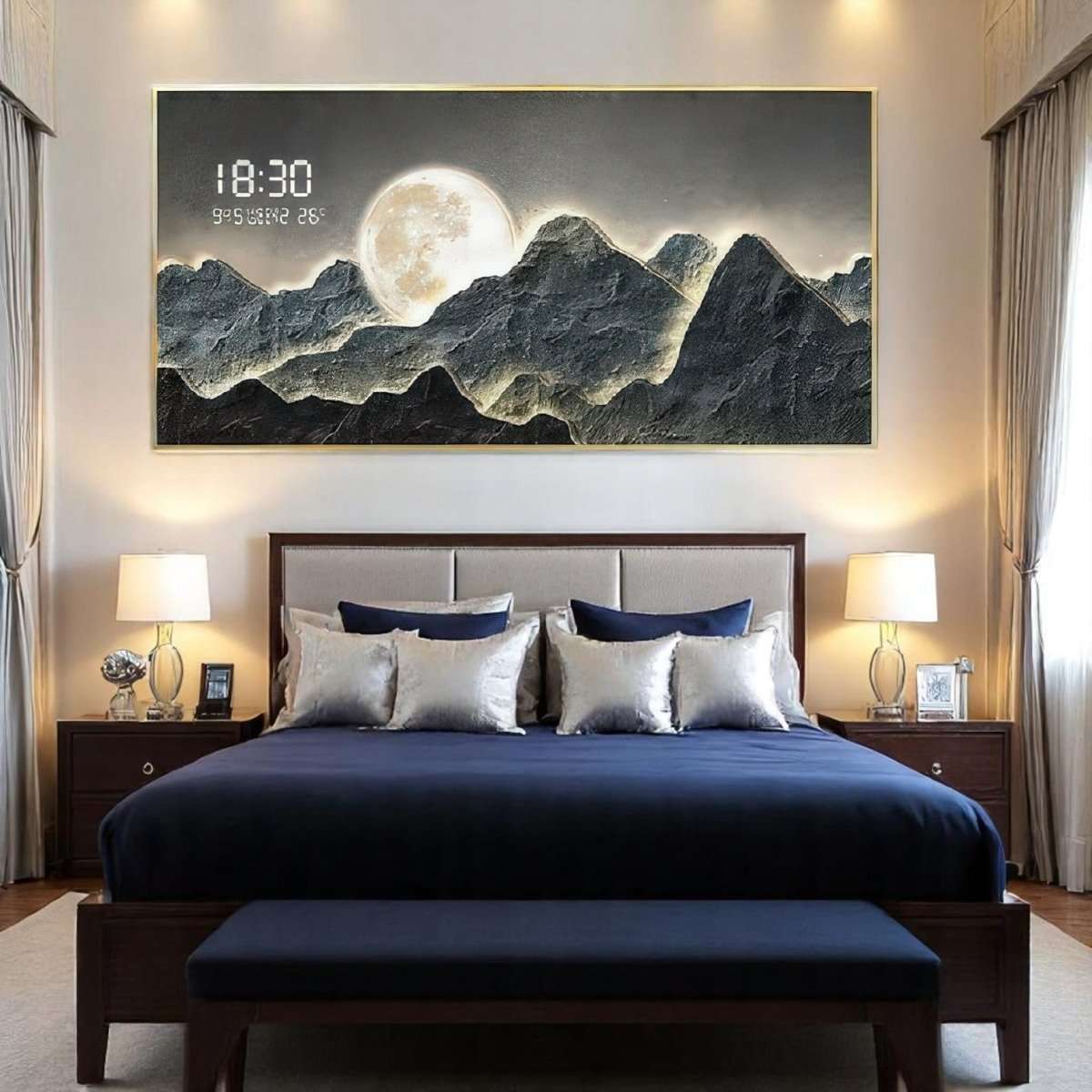 Moonlit Craggy Peaks Digital Clock Wall Art (120 x 60 CM)