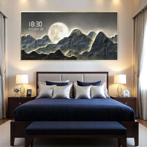 Moonlit Craggy Peaks Digital Clock Wall Art (120 x 60 CM)