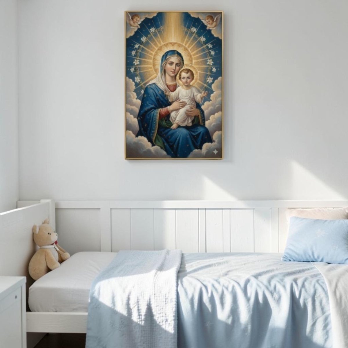 Mother Mary: Angel's Touch and Sacred Infant Blessing