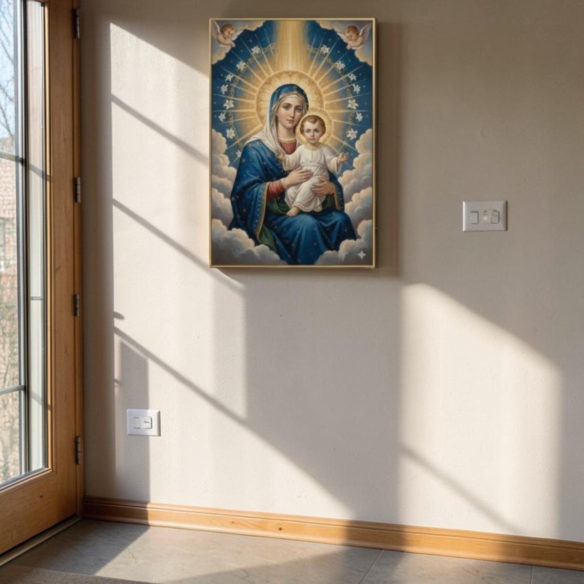 Mother Mary: Angel's Touch and Sacred Infant Blessing