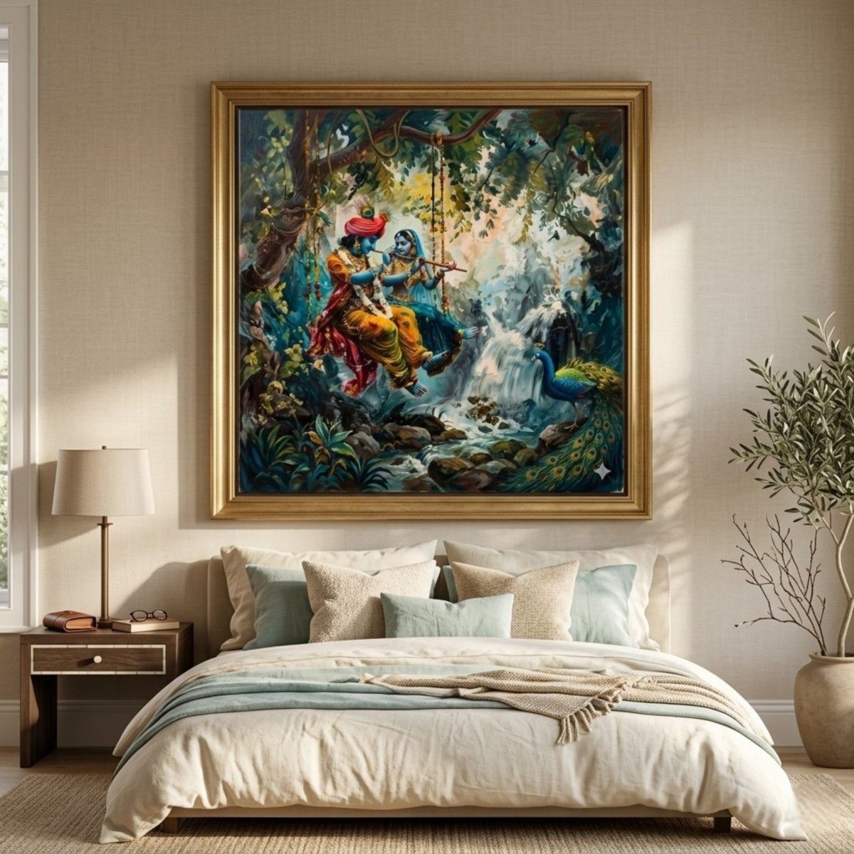 Murali Manohar: Radha Krishna's Eternal Swing with Waterfall Serenade (36 x 36 Inches)