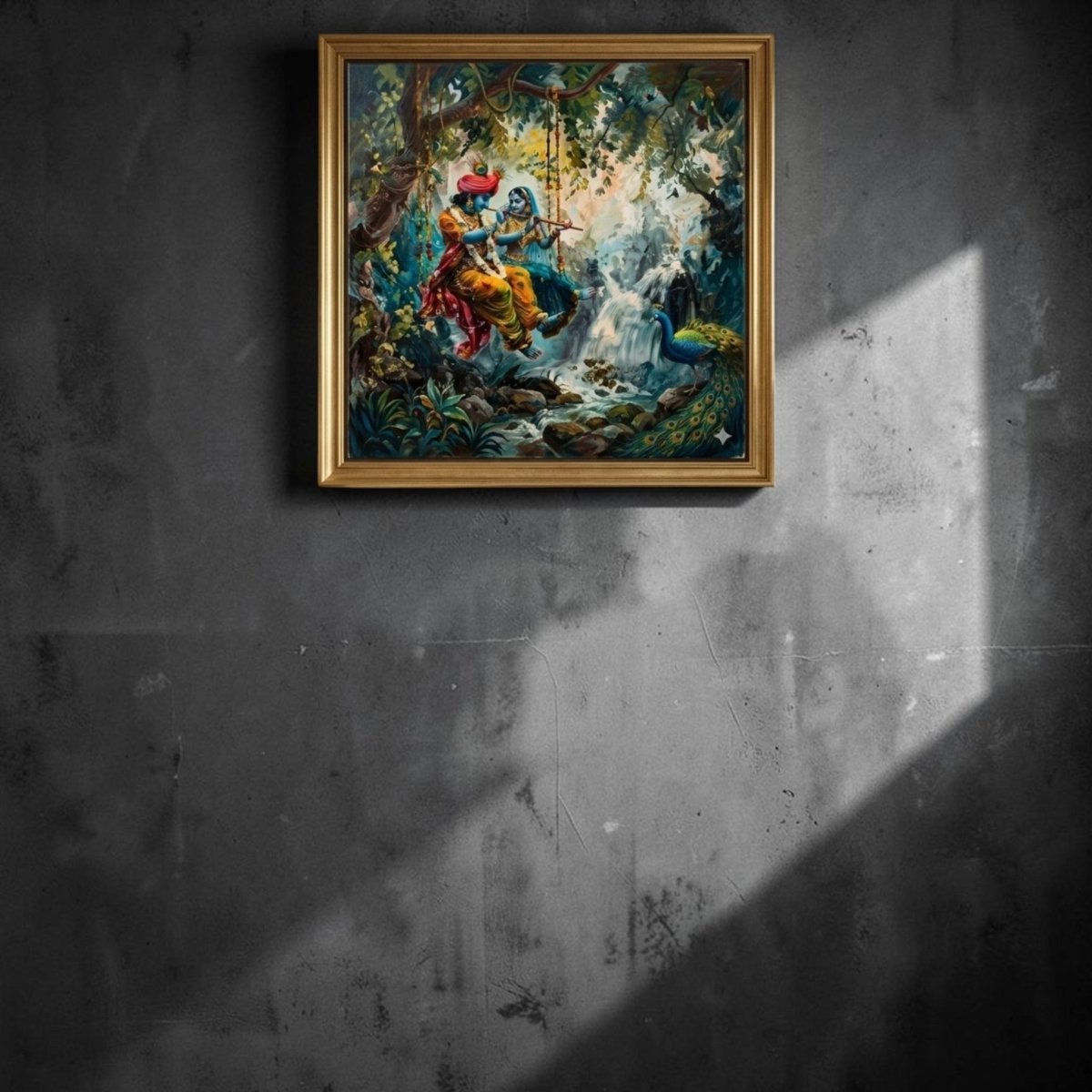 Murali Manohar: Radha Krishna's Eternal Swing with Waterfall Serenade (36 x 36 Inches)
