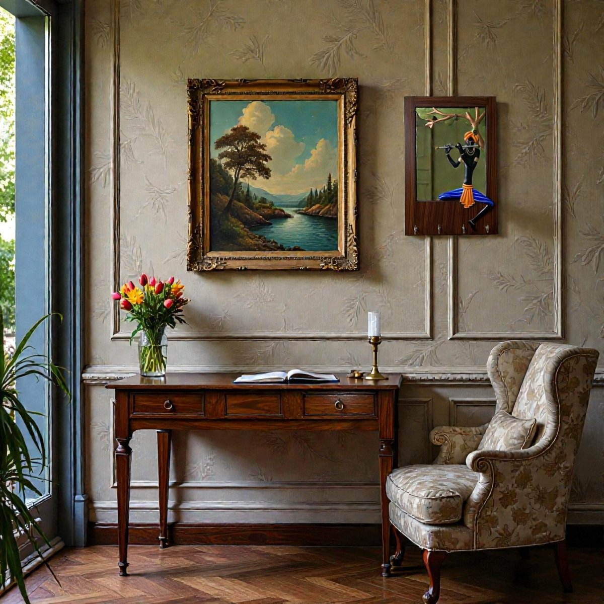 Murli Manohar: Metal Relief Krishna Wall Art with Multi - Purpose Wall Hooks (12 x 8 Inches)