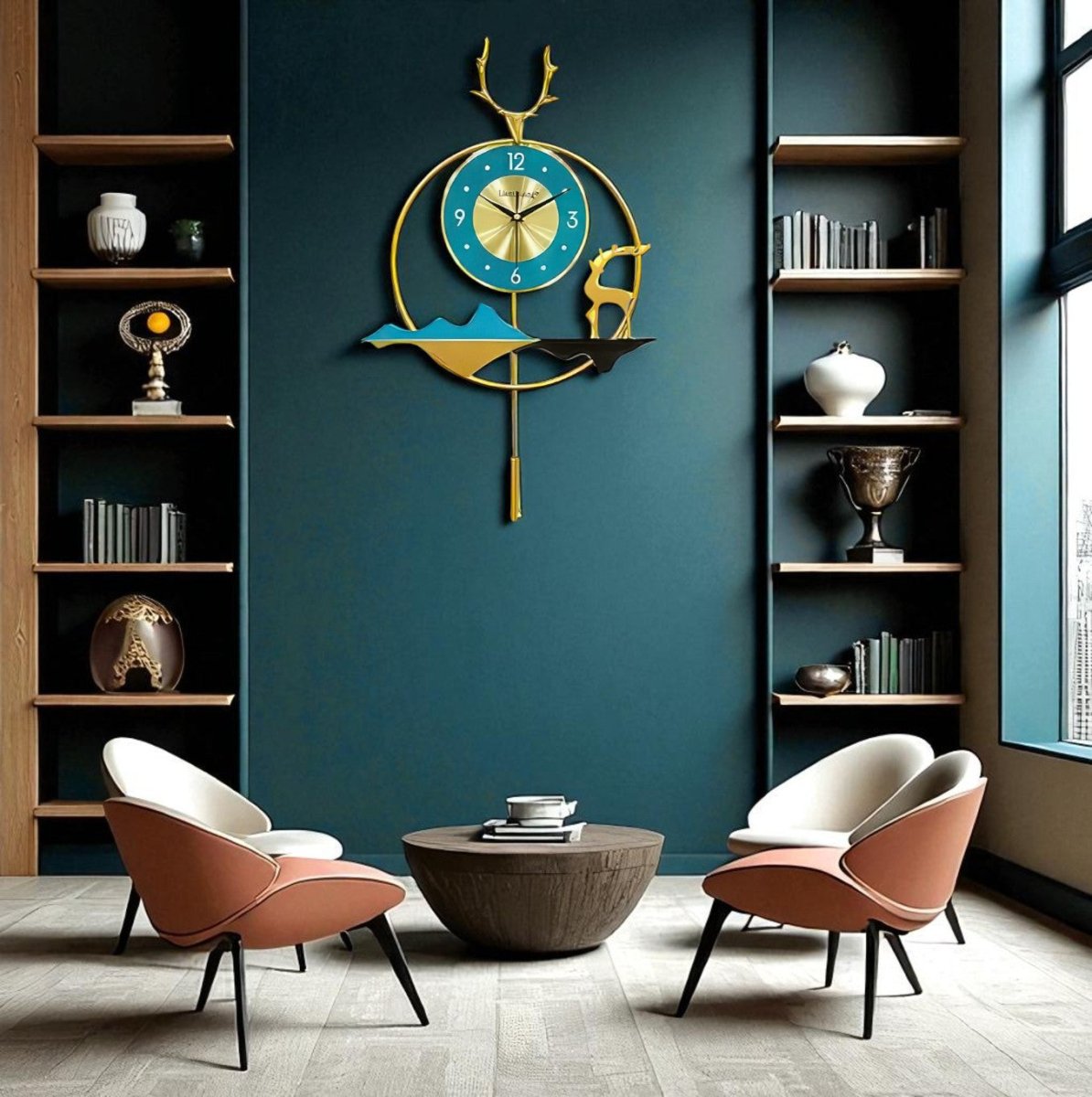 Nature Motif Deer & Mountain Wall Clock (25.1 x 15.3 Inches)