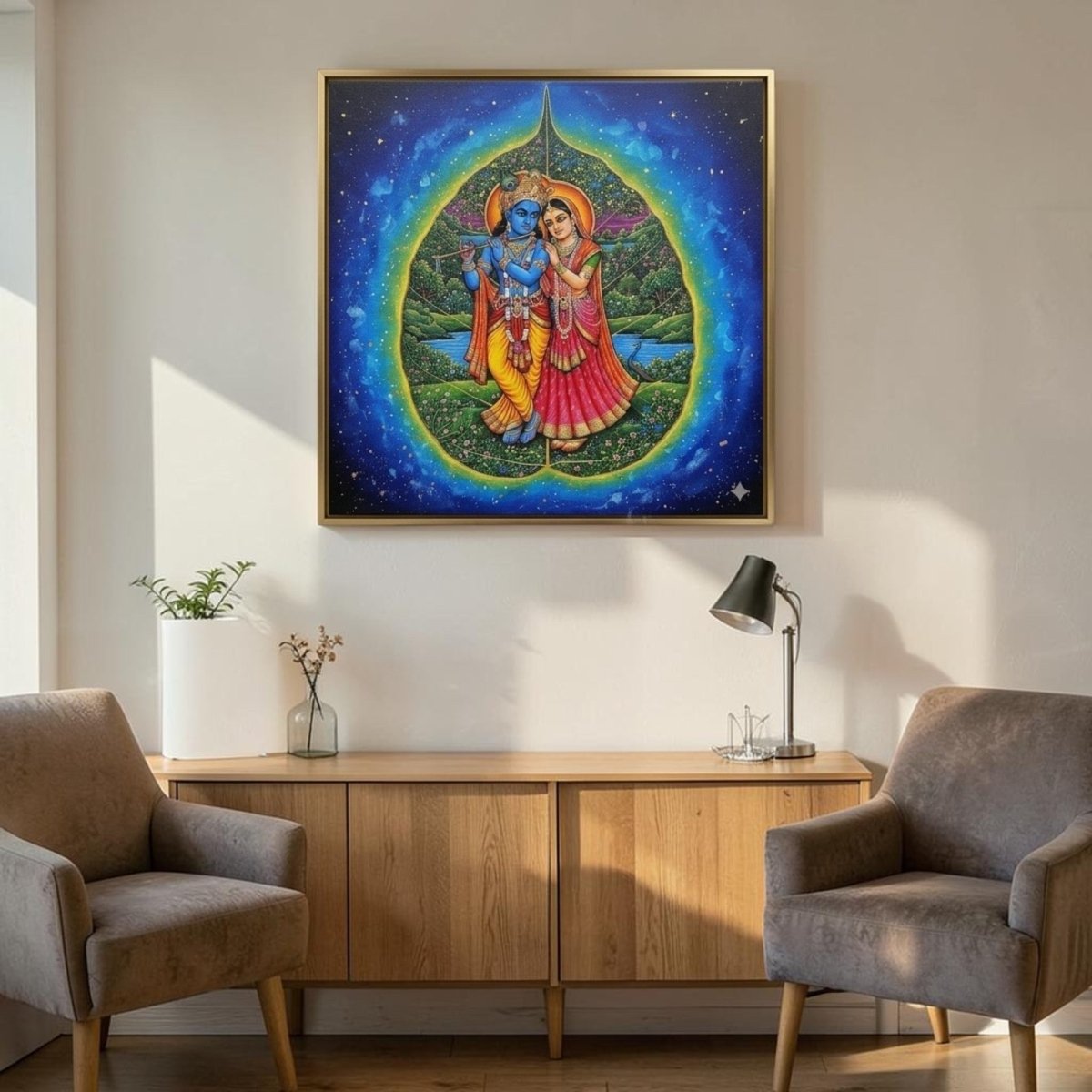 Neelambari Madhurya: The Blue - Hued Grace of Radha Krishna at Peepal Patra (36 x 36 Inches)