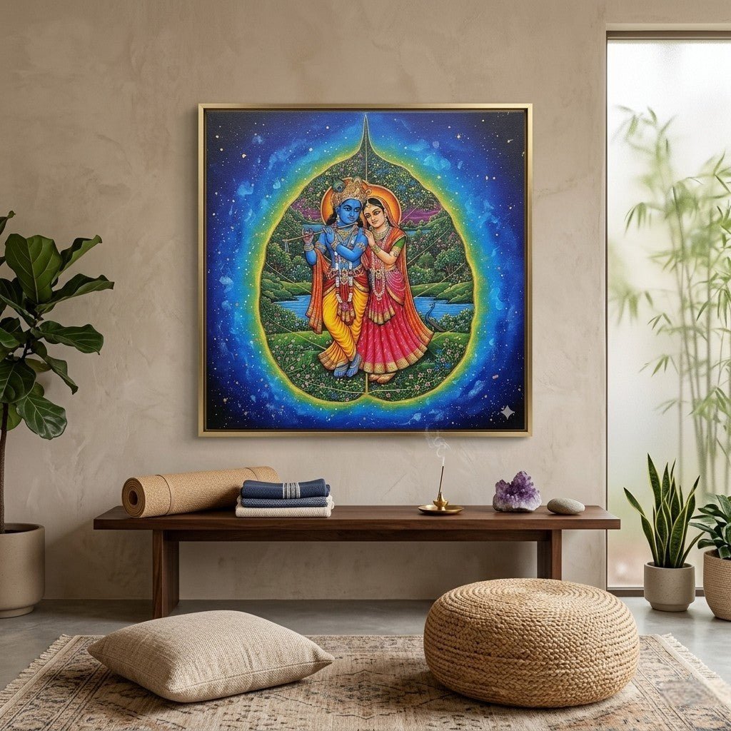 Neelambari Madhurya: The Blue - Hued Grace of Radha Krishna at Peepal Patra (36 x 36 Inches)