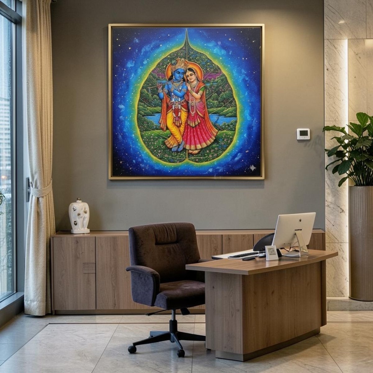 Neelambari Madhurya: The Blue - Hued Grace of Radha Krishna at Peepal Patra (36 x 36 Inches)