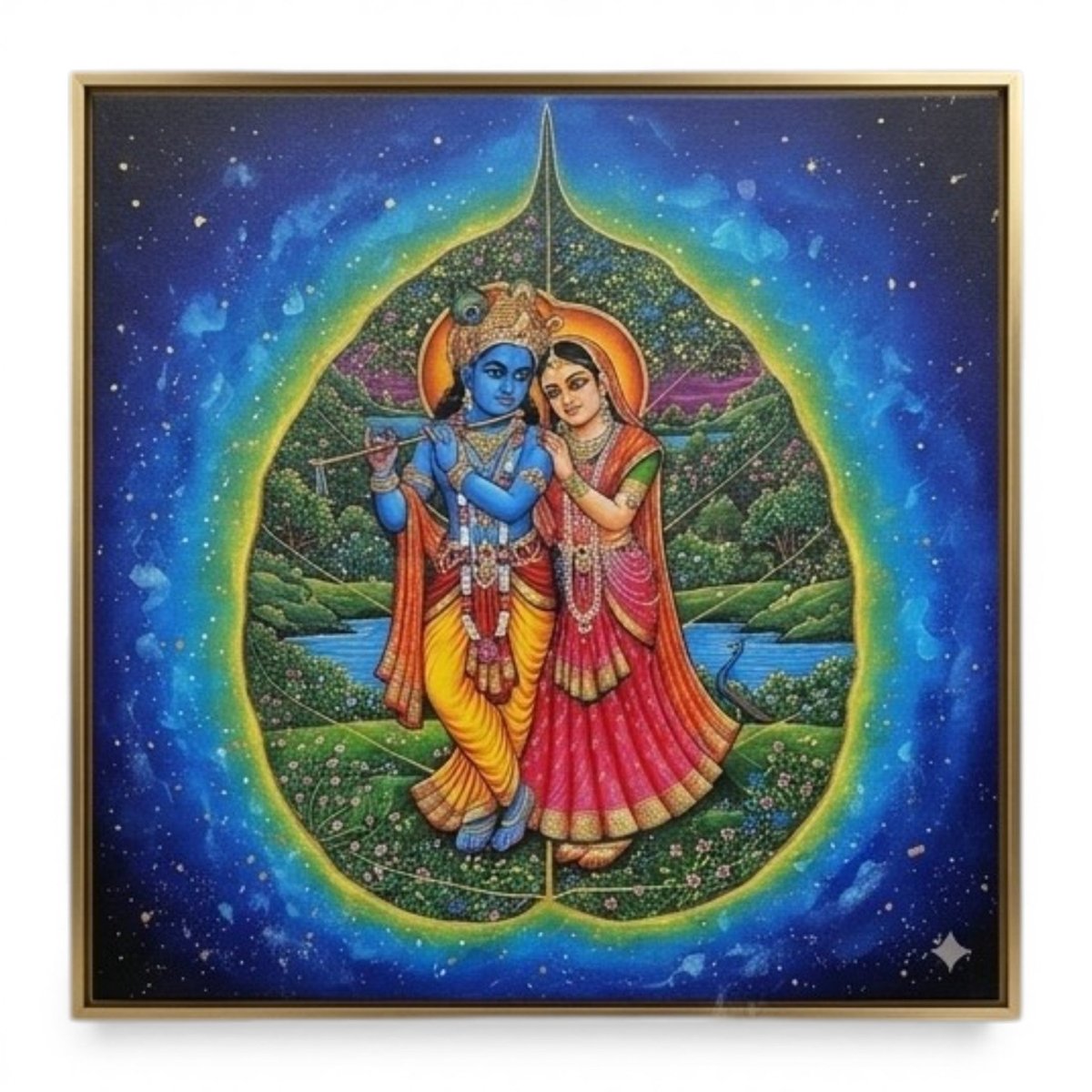 Neelambari Madhurya: The Blue - Hued Grace of Radha Krishna at Peepal Patra (36 x 36 Inches)