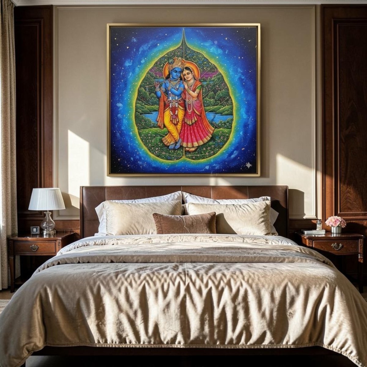 Neelambari Madhurya: The Blue - Hued Grace of Radha Krishna at Peepal Patra (36 x 36 Inches)