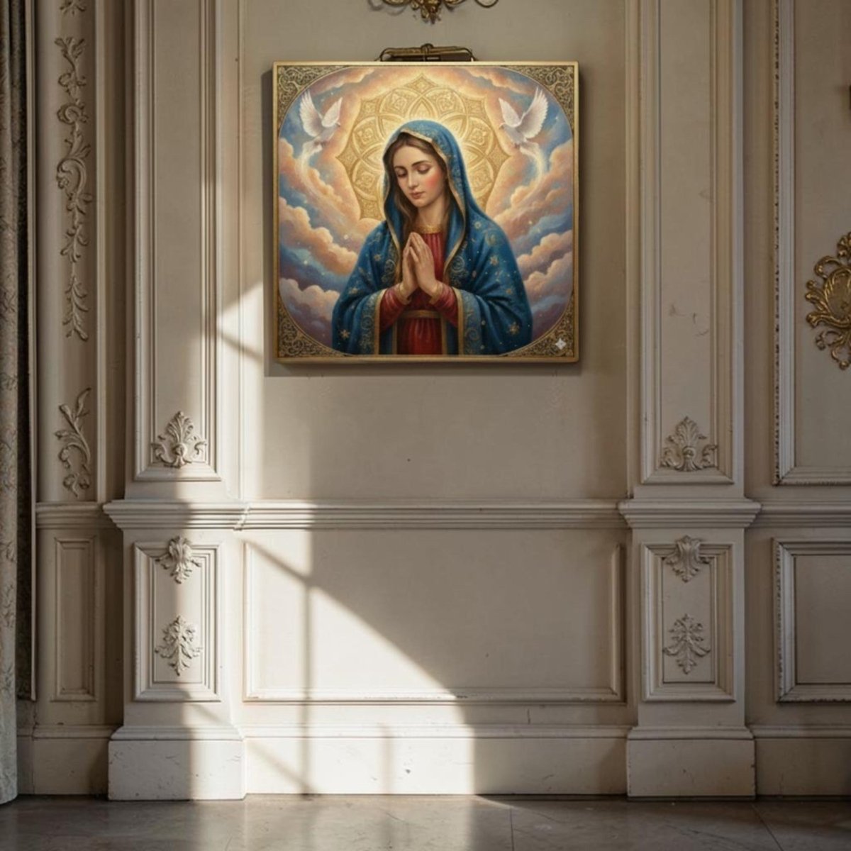 Neelambari Mary and Pavitra Kapota: The Blessed Mother and the Doves of Peace (36 x 36 Inches)