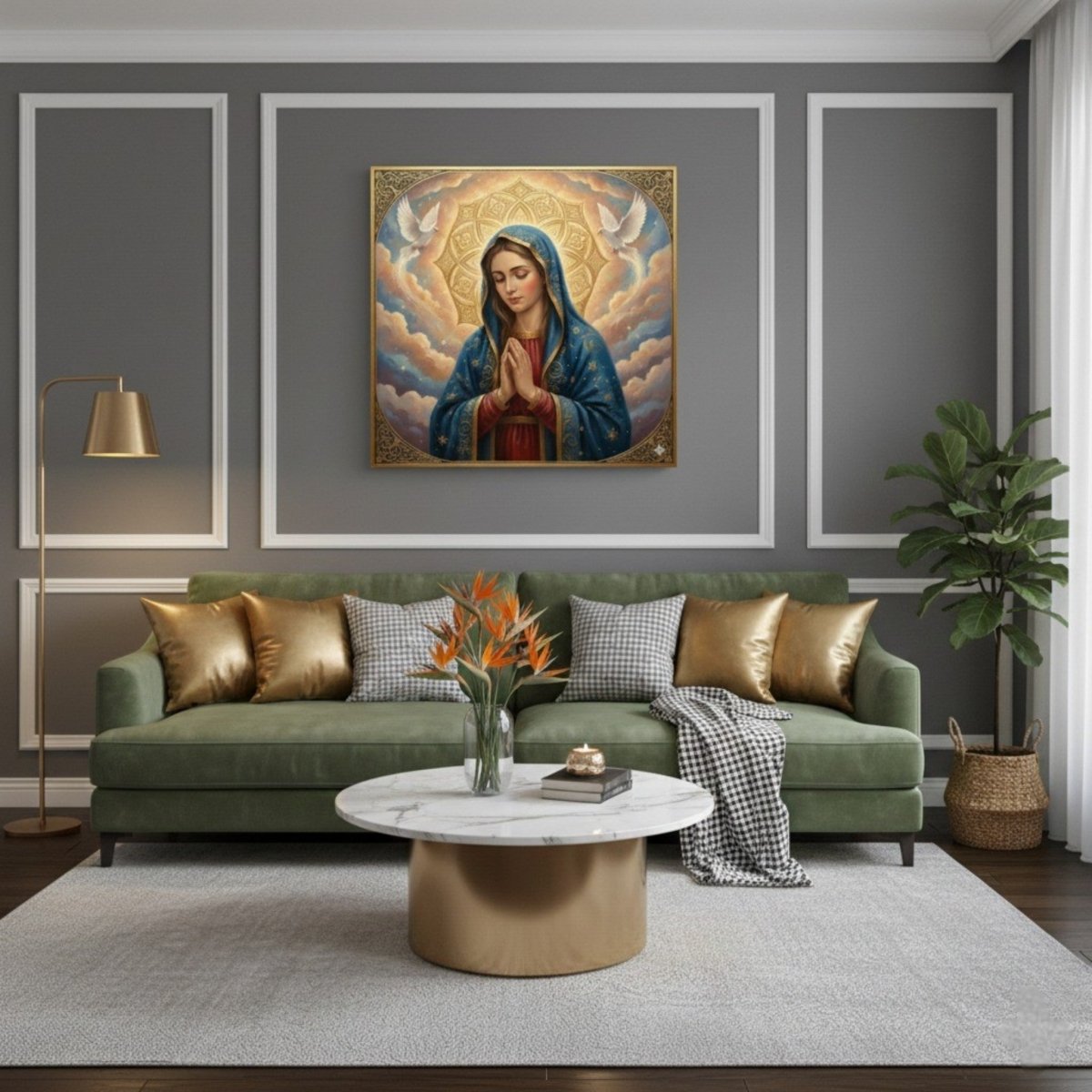 Neelambari Mary and Pavitra Kapota: The Blessed Mother and the Doves of Peace (36 x 36 Inches)