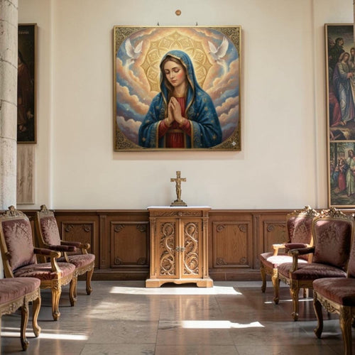 Neelambari Mary and Pavitra Kapota: The Blessed Mother and the Doves of Peace (36 x 36 Inches)