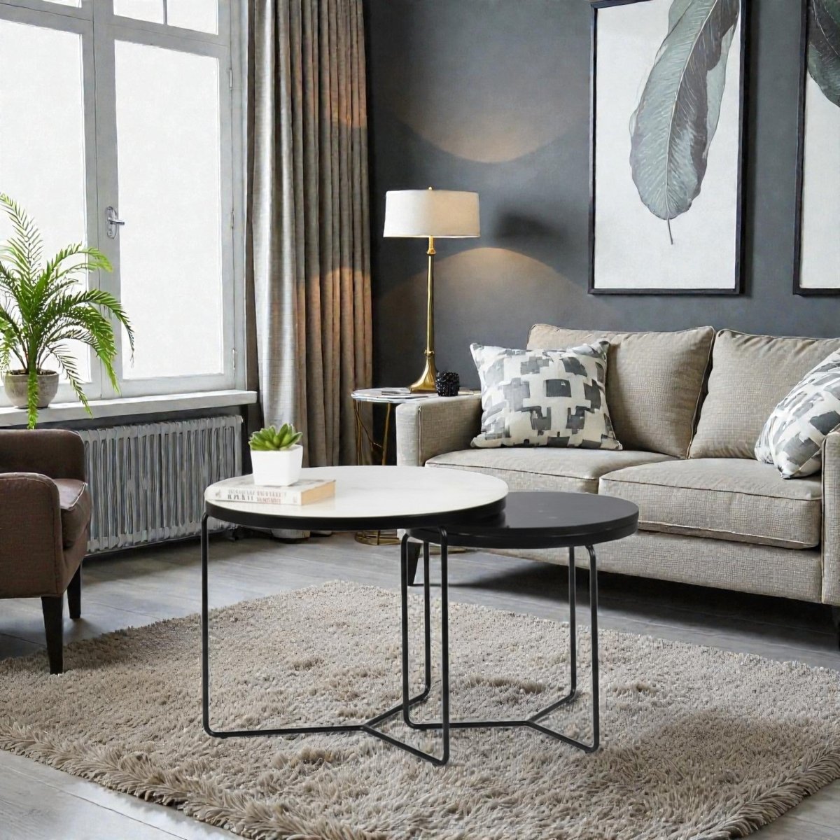 Octagon Marble Top Nesting Coffee Tables with Black Metal Frame