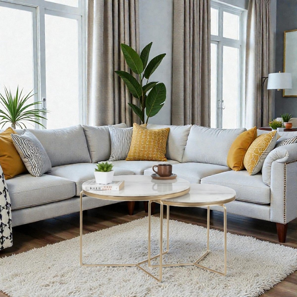 Octagon Marble Top Nesting Coffee Tables with Black Metal Frame