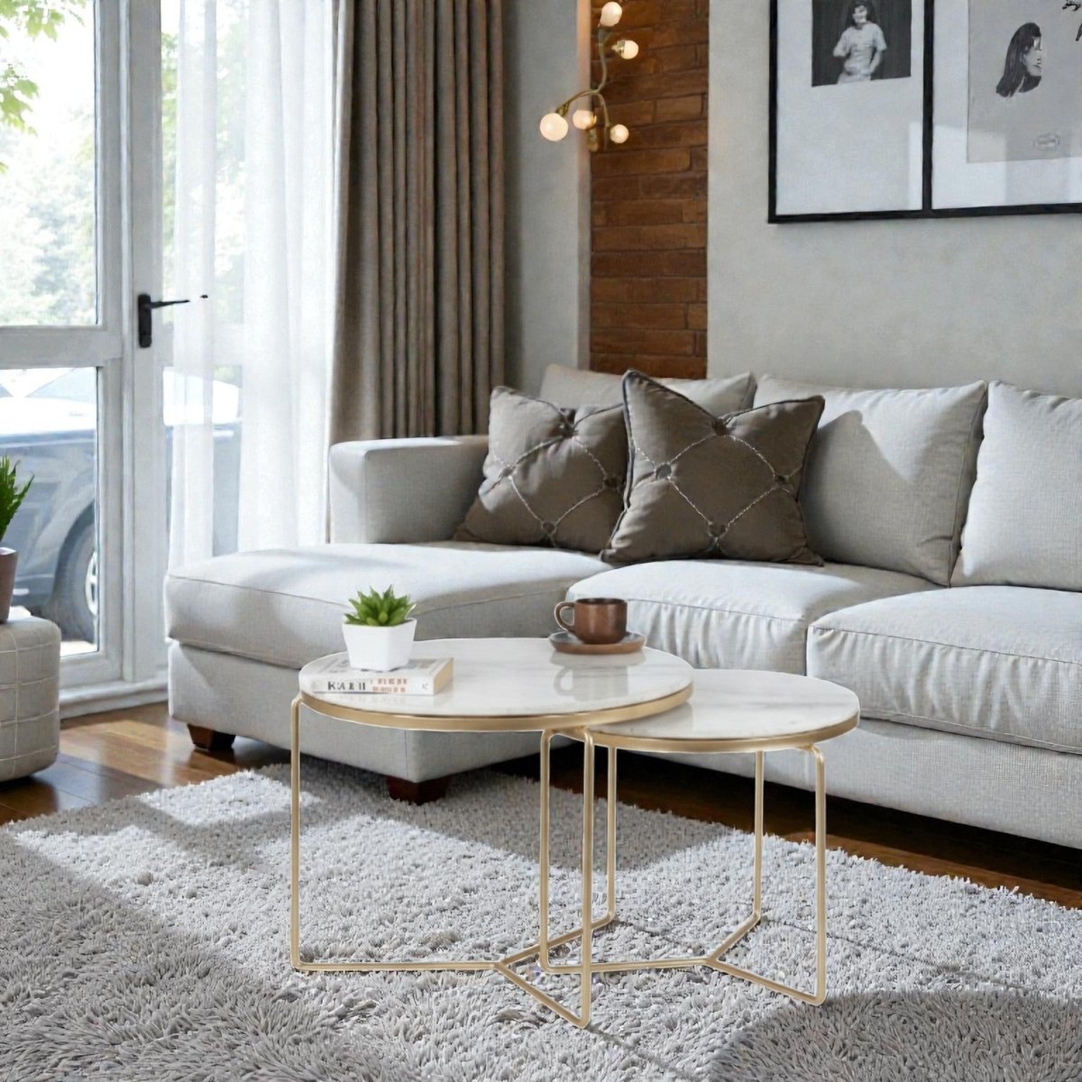 Octagon Marble Top Nesting Coffee Tables with Black Metal Frame
