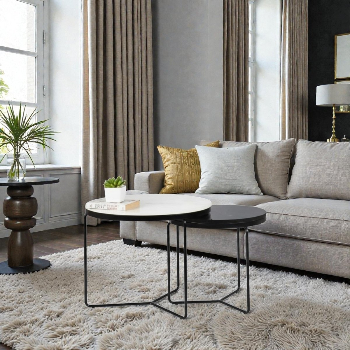 Octagon Marble Top Nesting Coffee Tables with Black Metal Frame