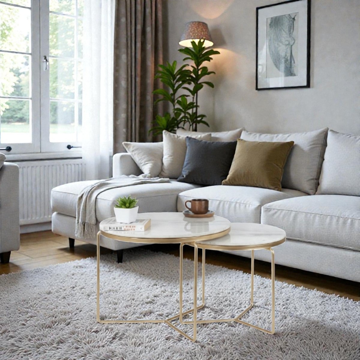 Octagon Marble Top Nesting Coffee Tables with Black Metal Frame