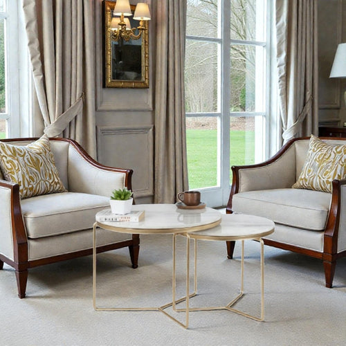 Octagon Marble Top Nesting Coffee Tables with Black Metal Frame